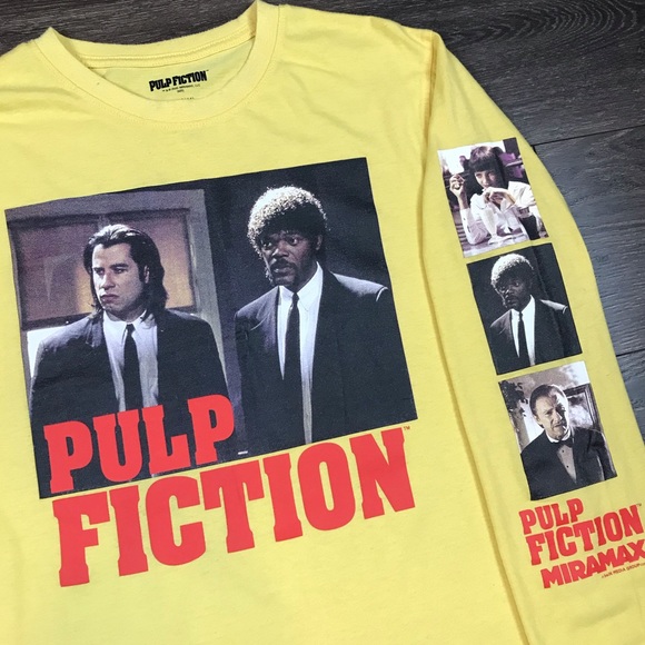 John Travolta & Samuel L. Jackson Pulp Fiction Miramax Mens Yellow Movie T-Shirt - Picture 2 of 8